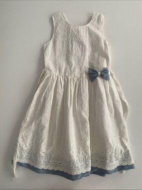 White Eyelet Girls' Dress with Blue Bow Accent